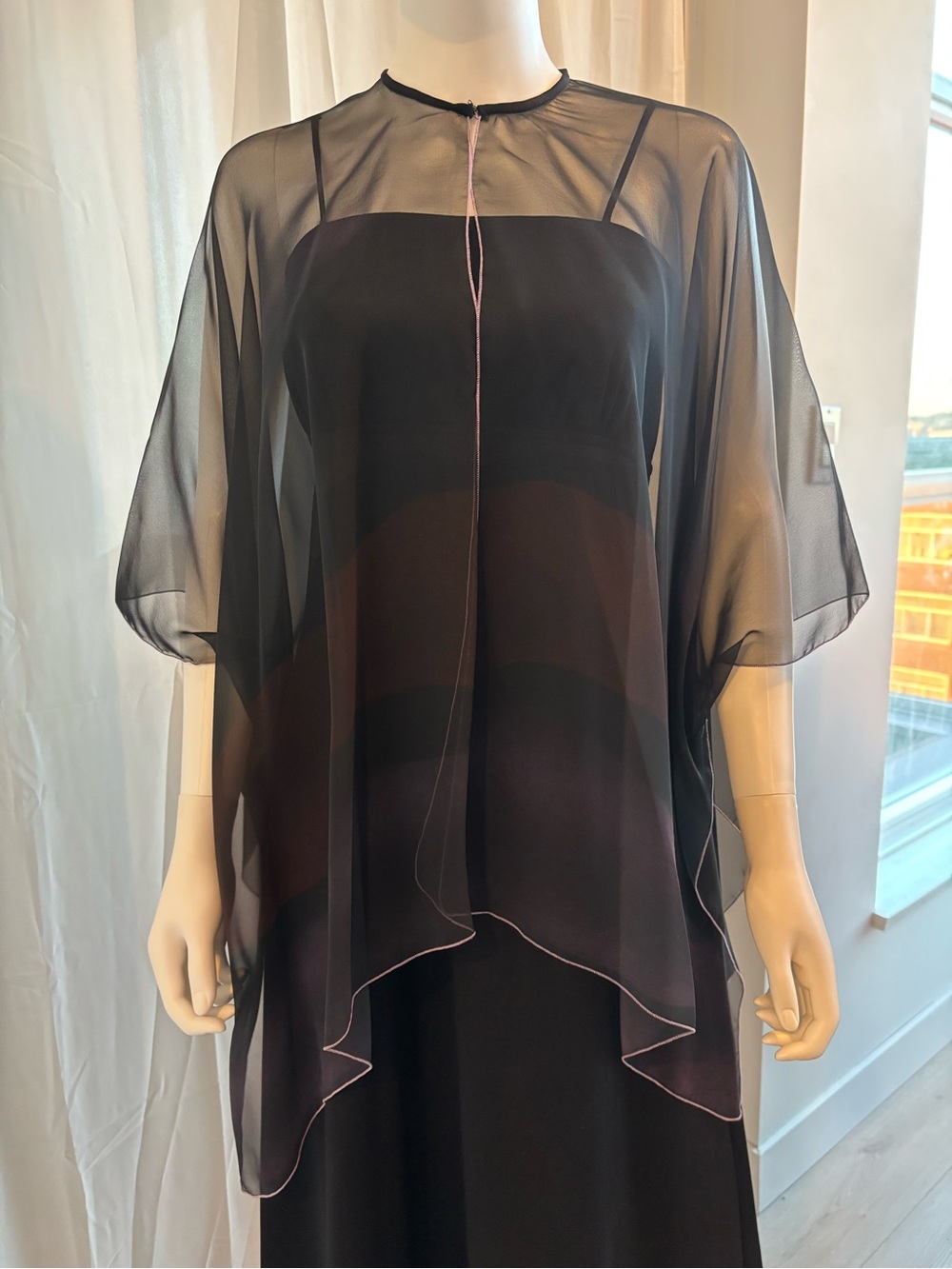 Vintage 60s Sheer Black Chiffon Evening Cape Pink Trim
